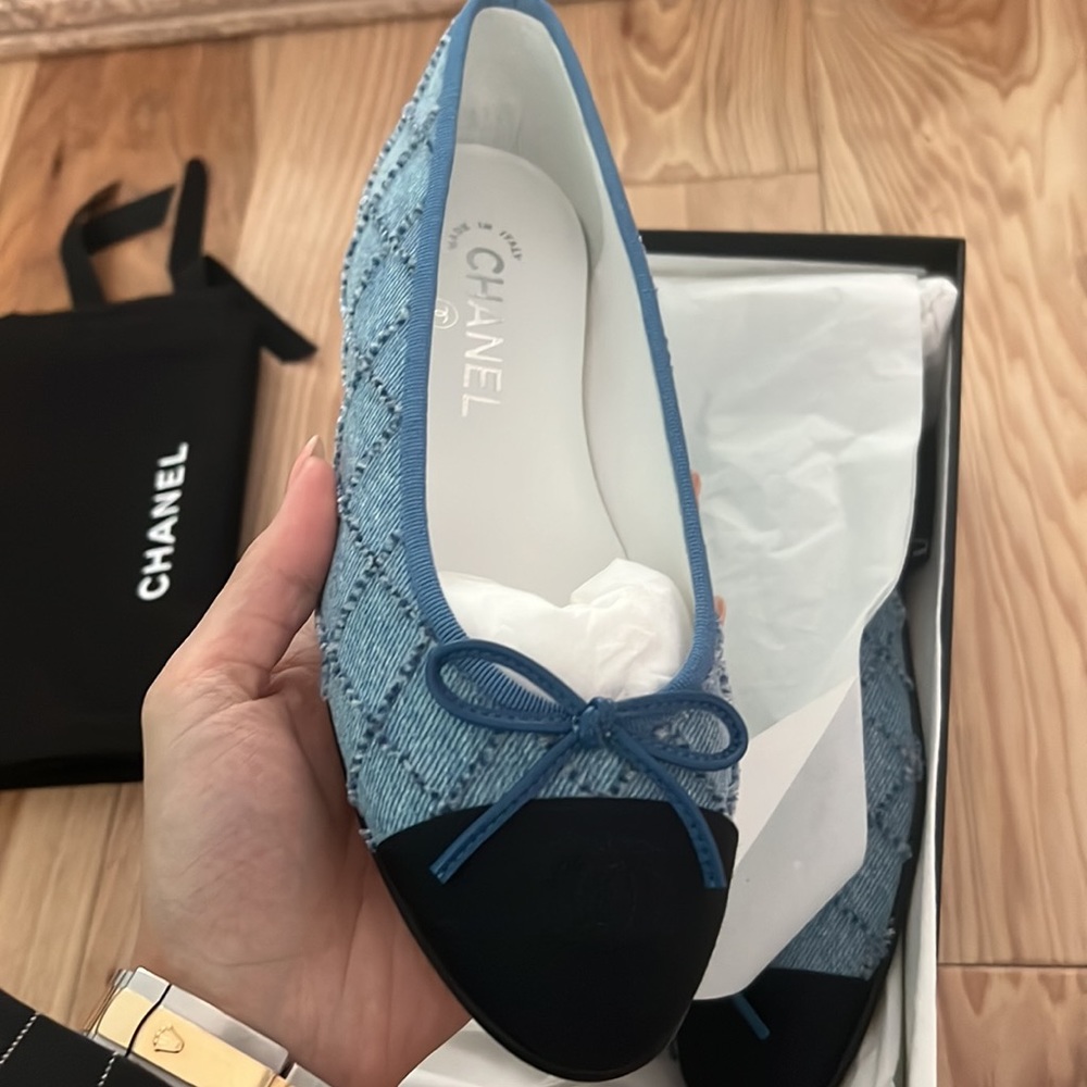 Denim quilted chanel ballerina flats